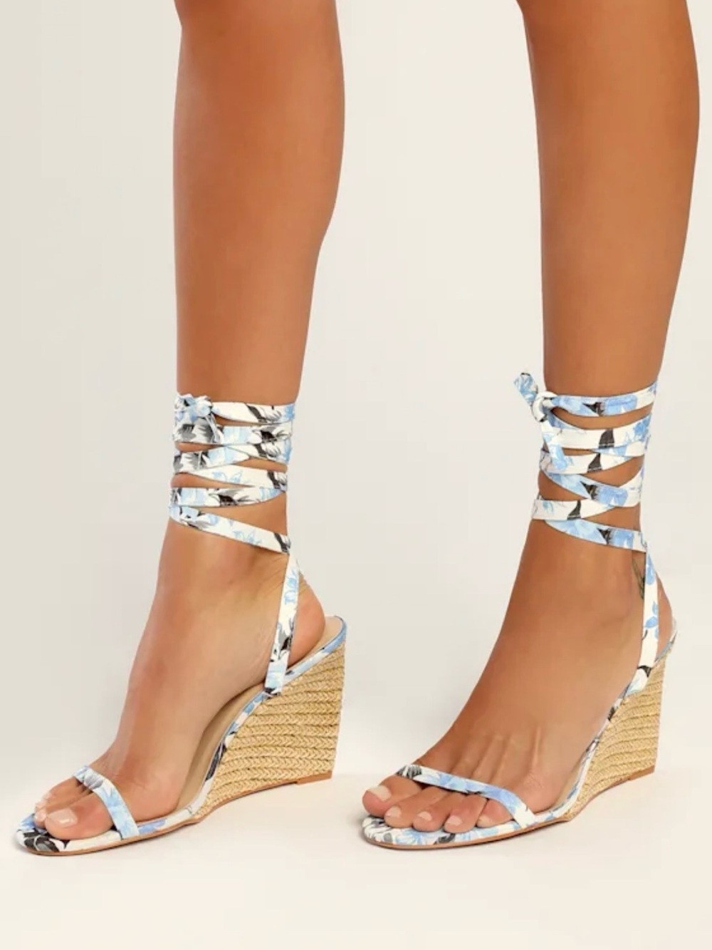 Lulu's Blue Floral Ankle-Tie Espadrille Wedge Sandals size 8